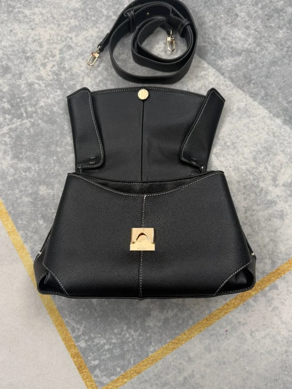 Women’s Black Pebbled Faux Leather Satchel Handbag, Contrast‑Stitching Top‑Handl